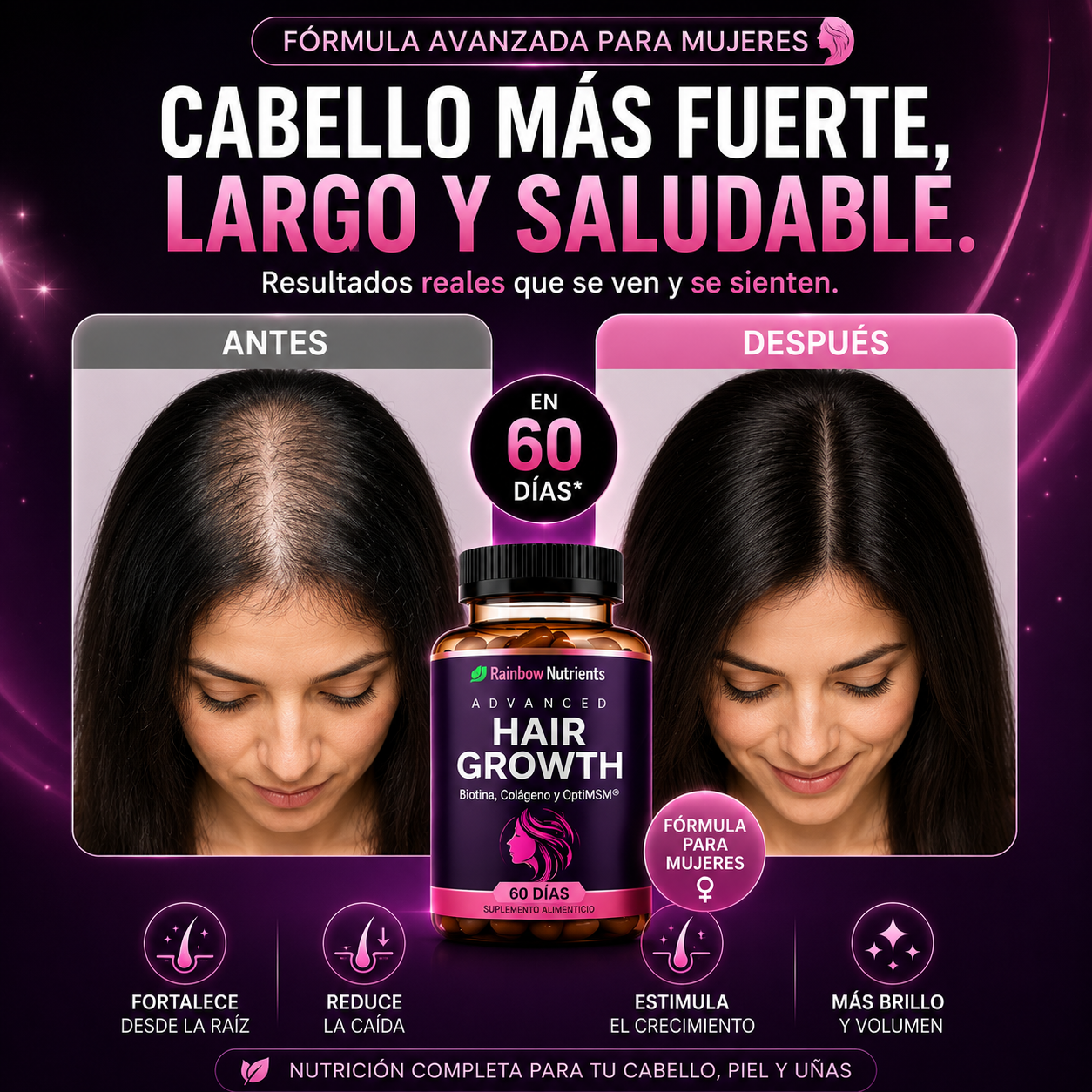 Hair Growth 120 capsulas | Más Volumen, Menos Caída y Cabello Más Saludable desde la Primera Semana