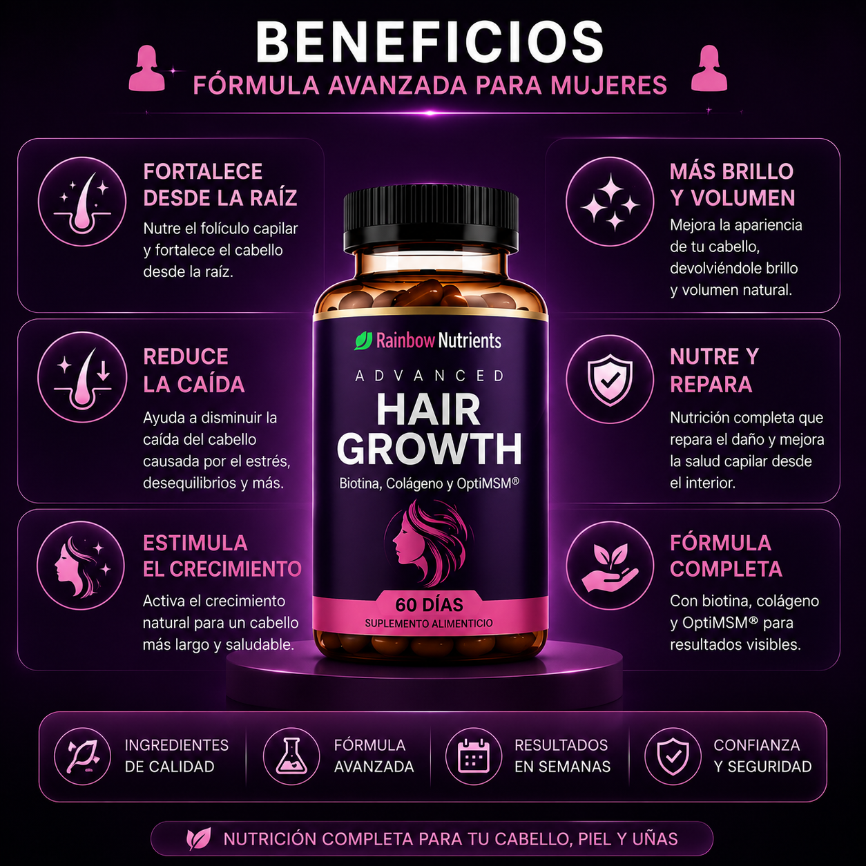Hair Growth 120 capsulas | Más Volumen, Menos Caída y Cabello Más Saludable desde la Primera Semana
