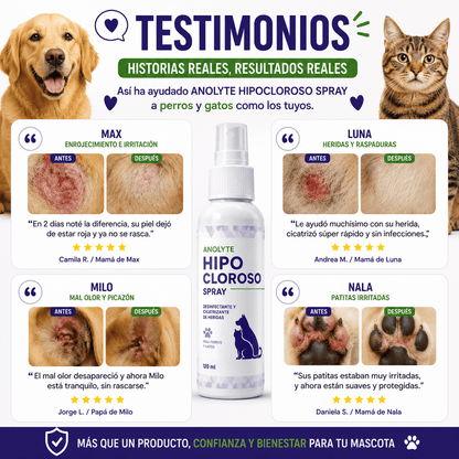 Anolyte Hipocloroso Spray Premium™ | Adiós a la Picazón, Hongos y Mal Olor en Solo Horas para Perros y Gatos