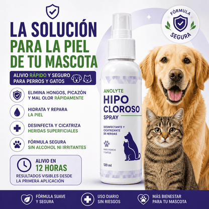 Anolyte Hipocloroso Spray Premium™ | Adiós a la Picazón, Hongos y Mal Olor en Solo Horas para Perros y Gatos